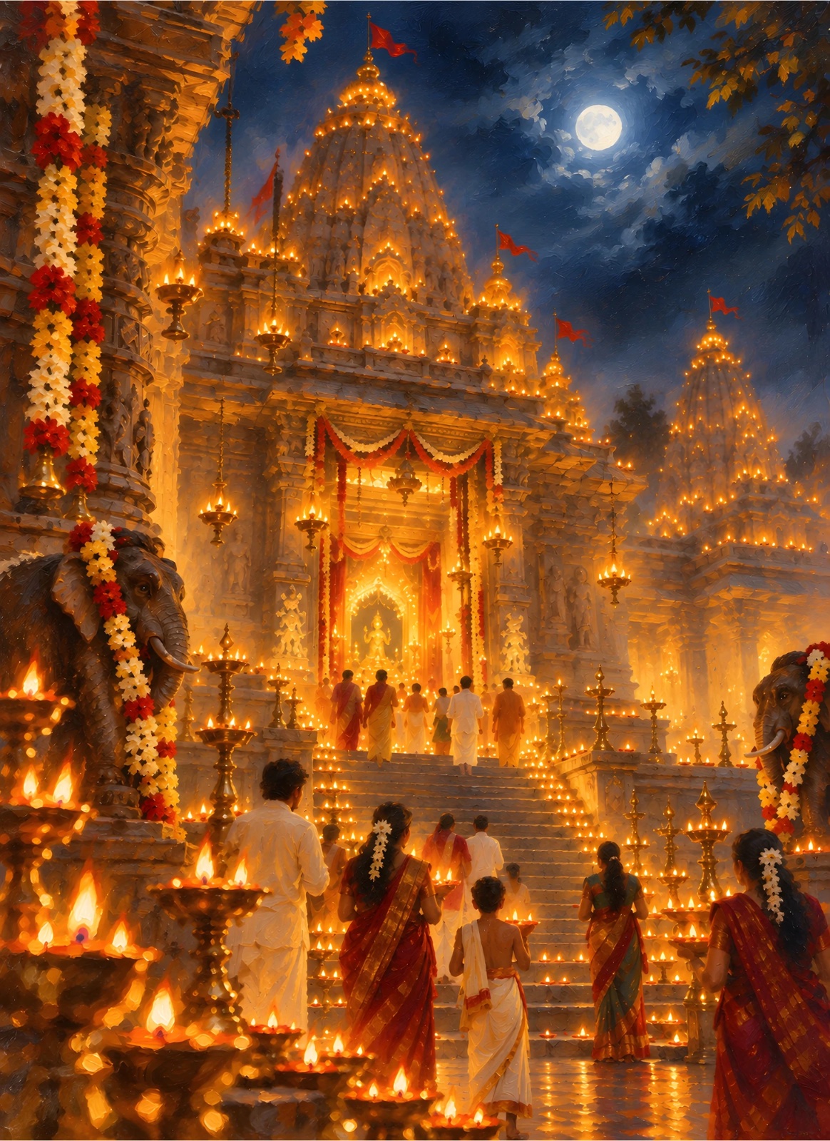 Ornate moonlit temple glowing with rows of diyas, floral garlands, decorated elephants and people walking up illuminated steps beneath a deep blue sky.