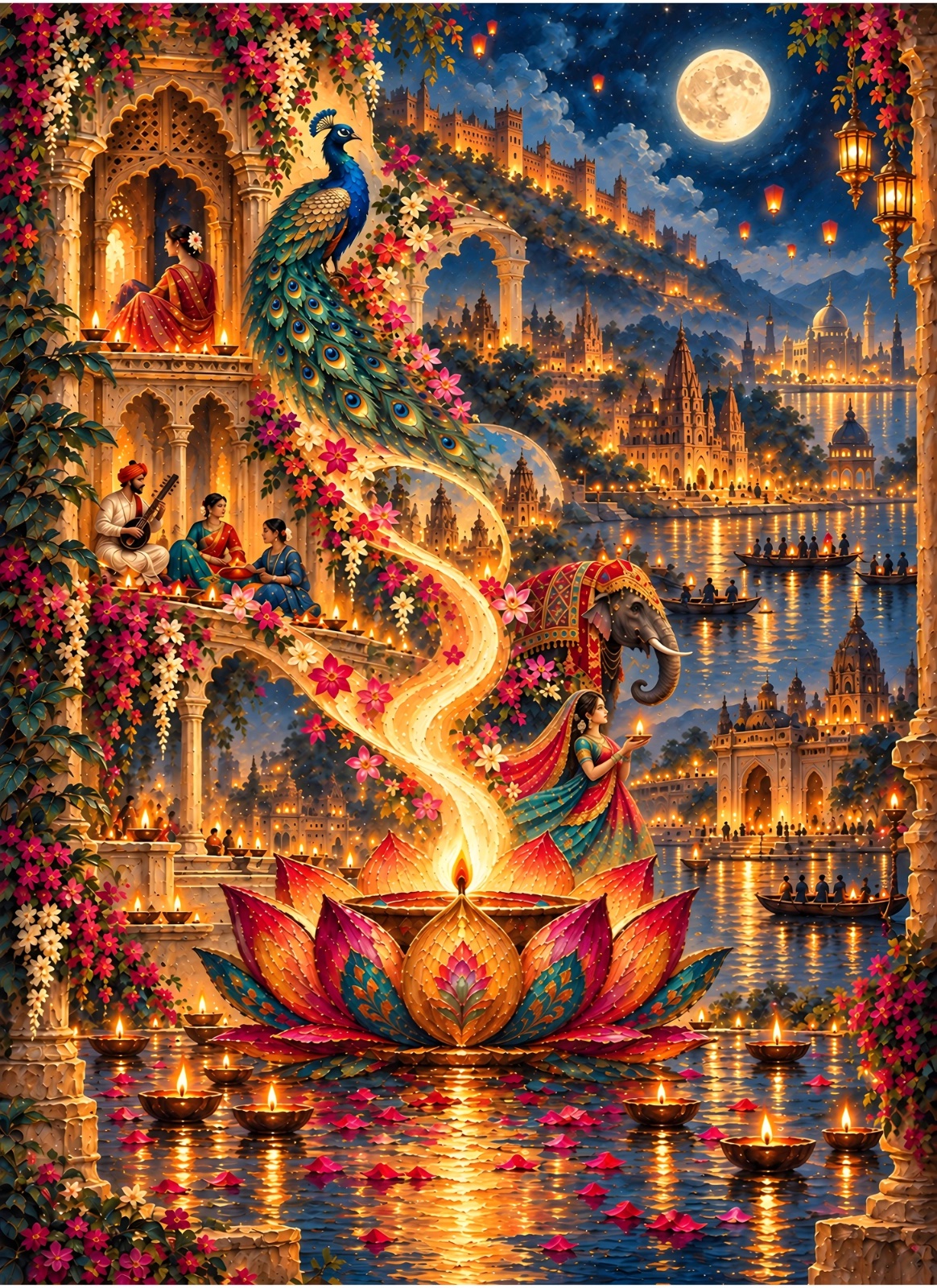 Ornate moonlit palace scene with a peacock, decorated elephant, women in colorful traditional clothing, musicians, boats, glowing lamps, flowers, and a radiant lotus reflected on water.