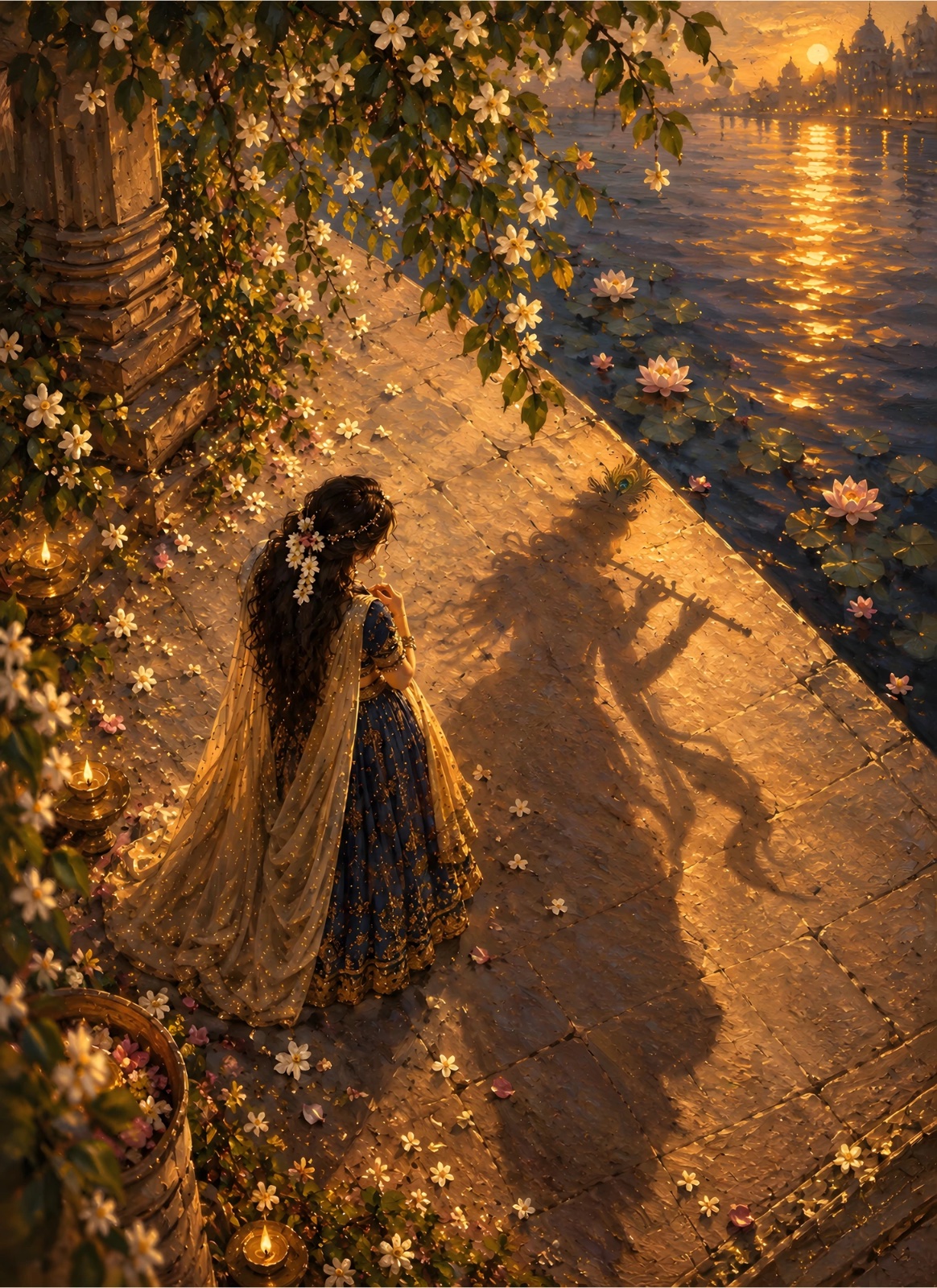 Golden Sunset Riverside Woman with Flute-Player Shadow – Romantic Floral Indian-Inspired Poster — Poster