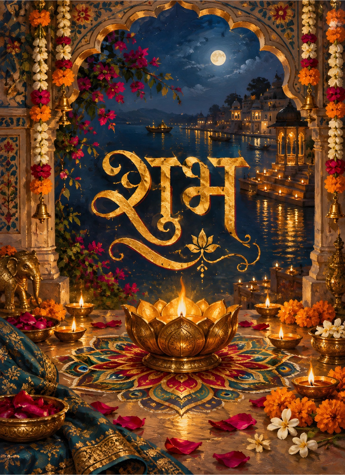 Festive Indian “Shubh” Artwork – Gold Devanagari Calligraphy, Diyas, Rangoli & Moonlit Palace Décor — Poster