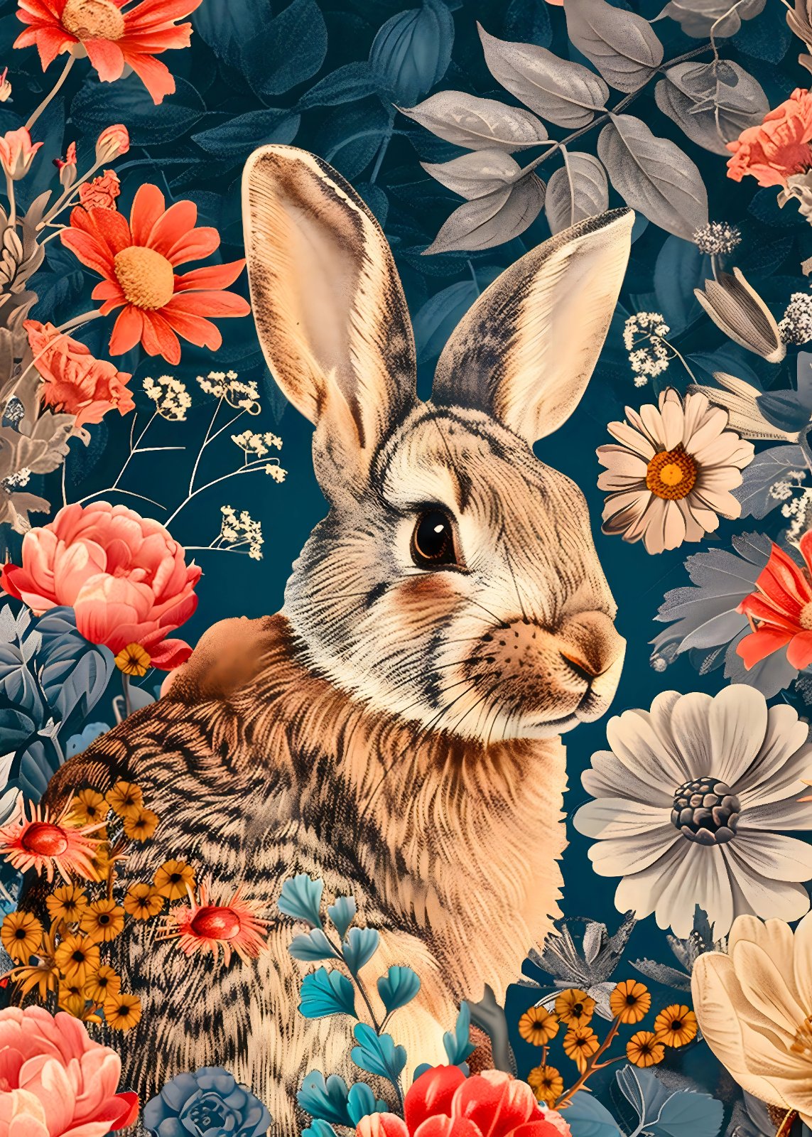 Floral Rabbit Portrait Poster in Teal, Coral & Cream – Botanical Animal Décor — Poster