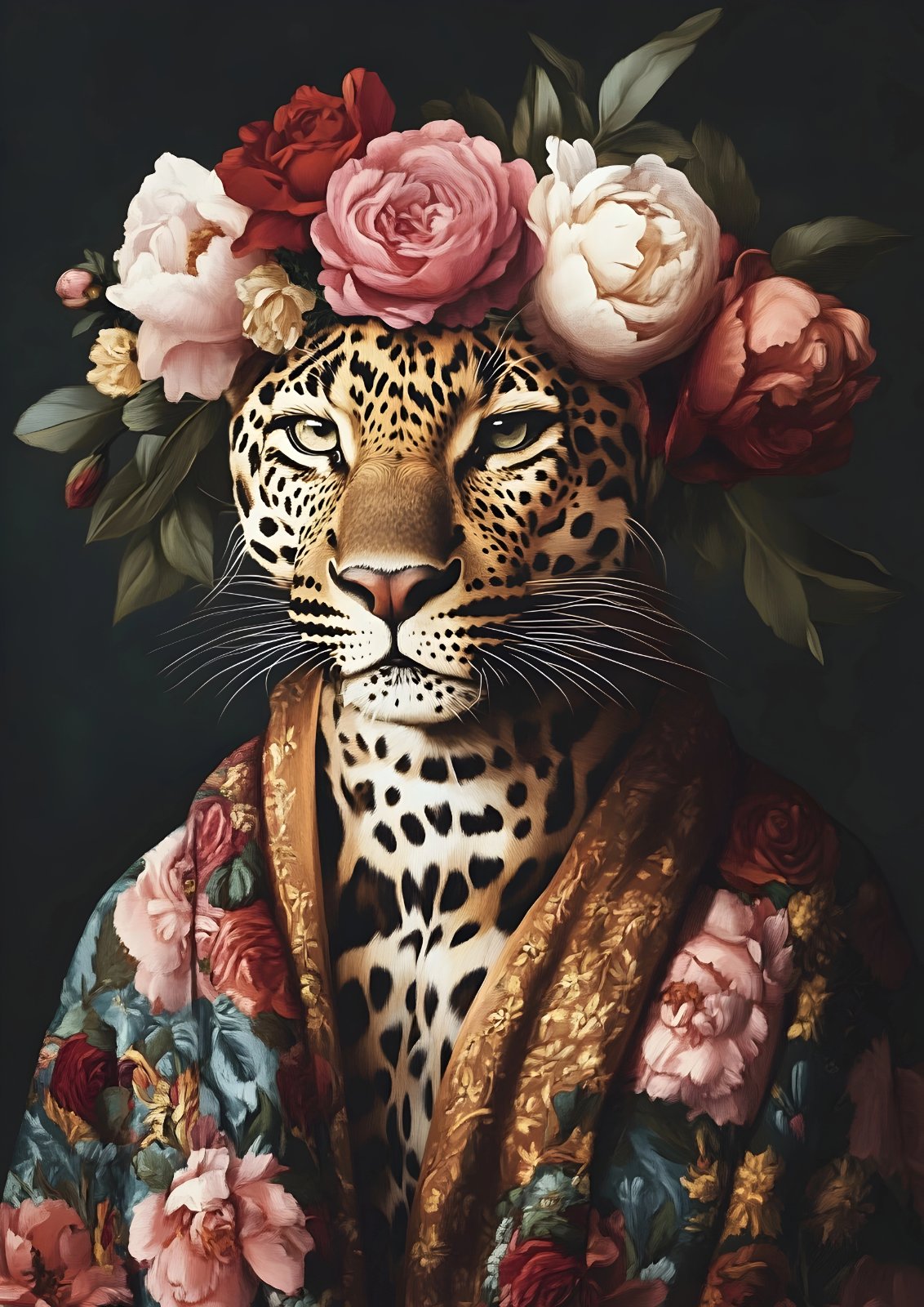 Regal Leopard Floral Portrait Poster – Dark Maximalist Botanical Décor in Blush, Burgundy & Gold — Poster