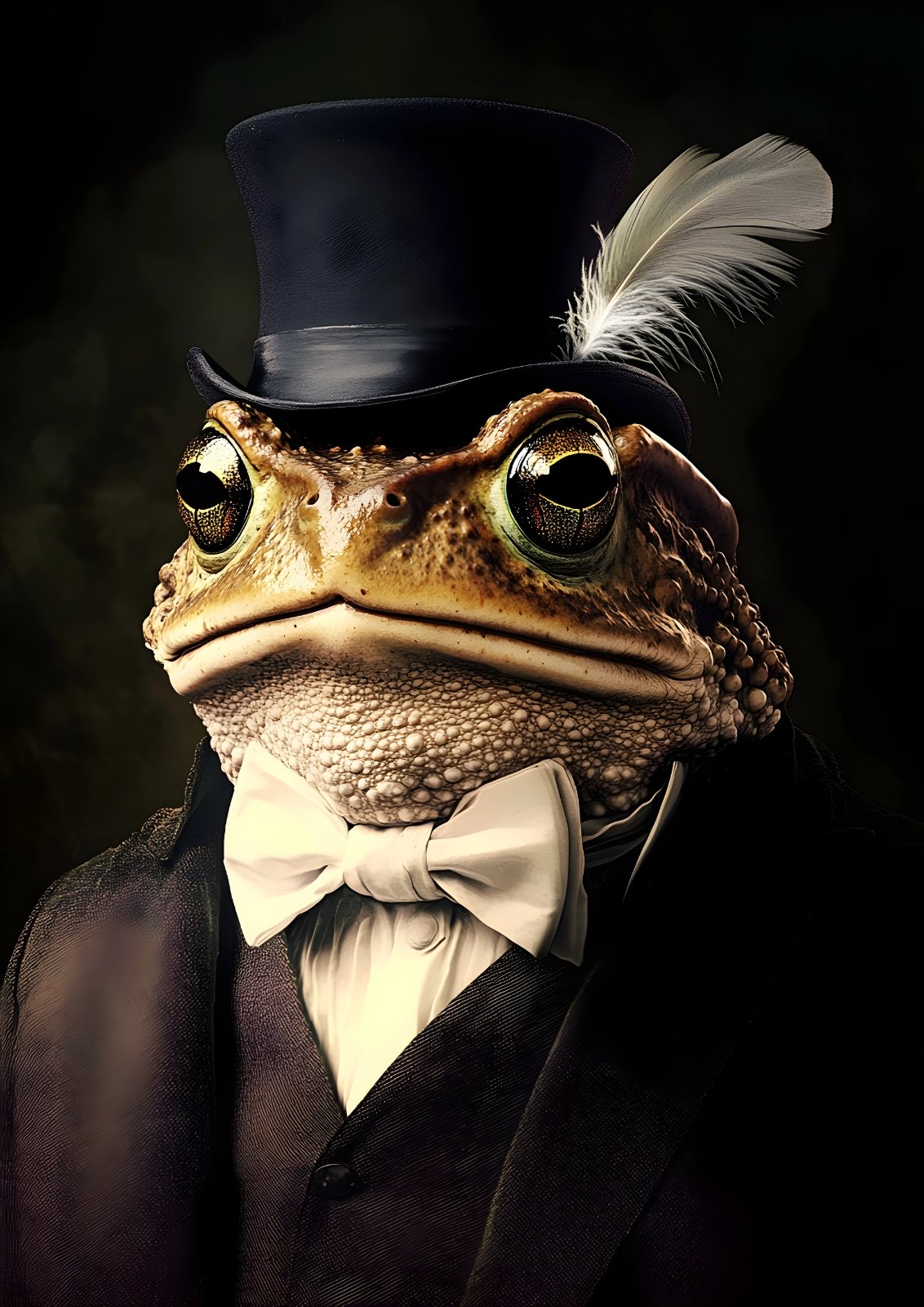 Dapper golden-brown toad wearing a black suit, cream bow tie, and feathered top hat against a dark background.