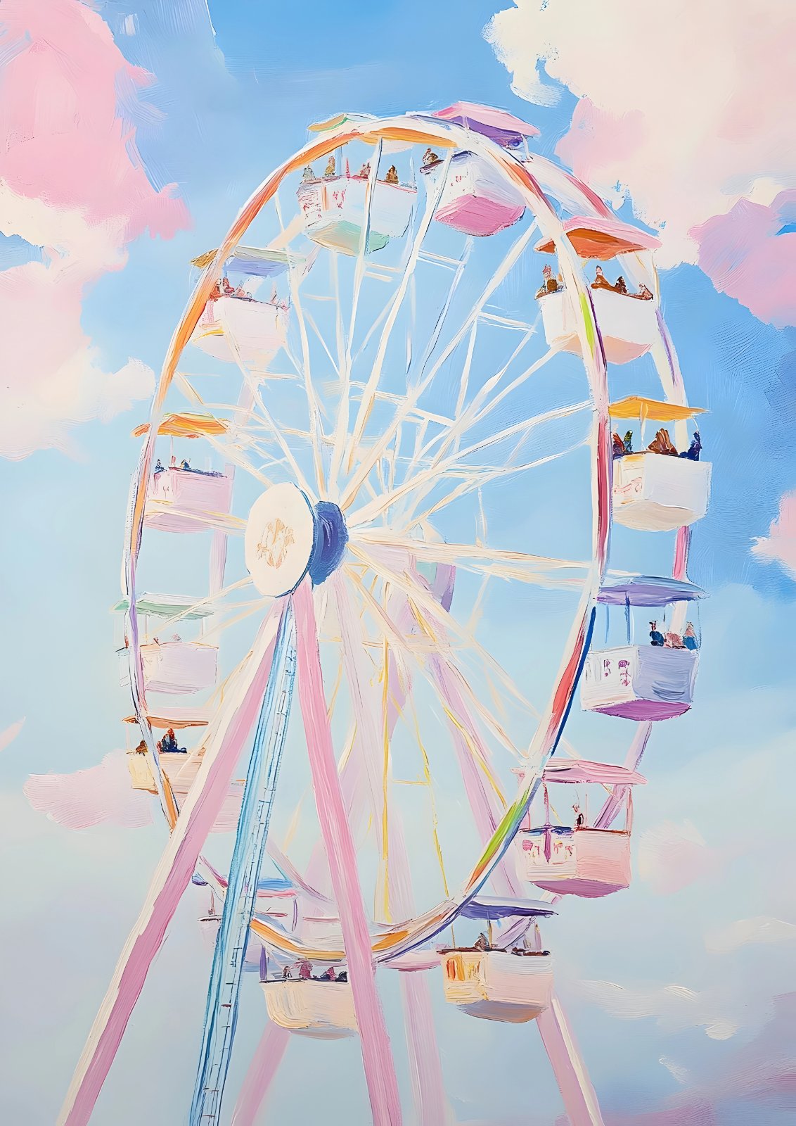 Pastel Ferris wheel with colorful passenger cabins against a bright blue sky with soft pink and white clouds.