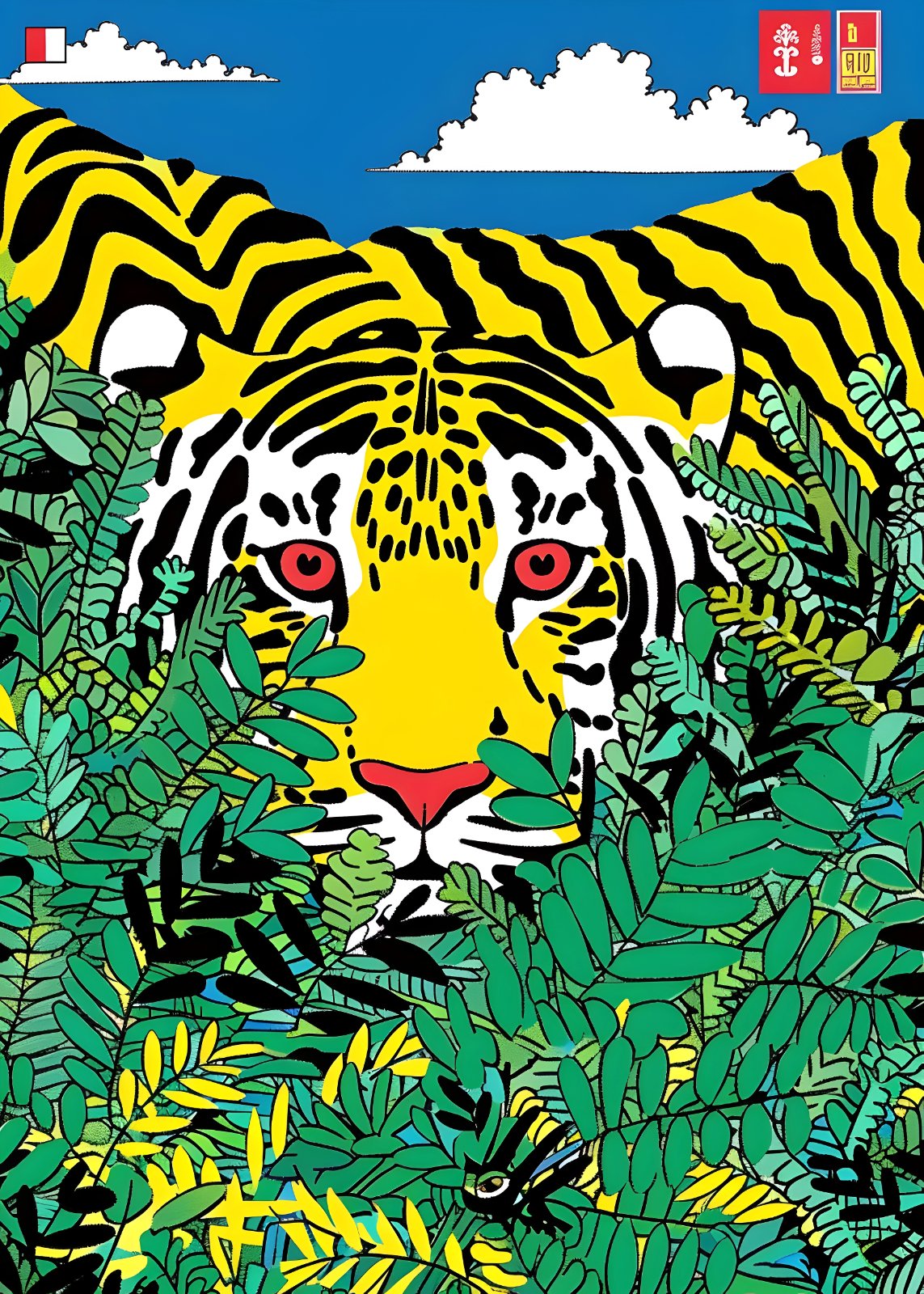 Stylized yellow, black and white tiger with red eyes surrounded by dense green foliage beneath a bright blue sky with white clouds.