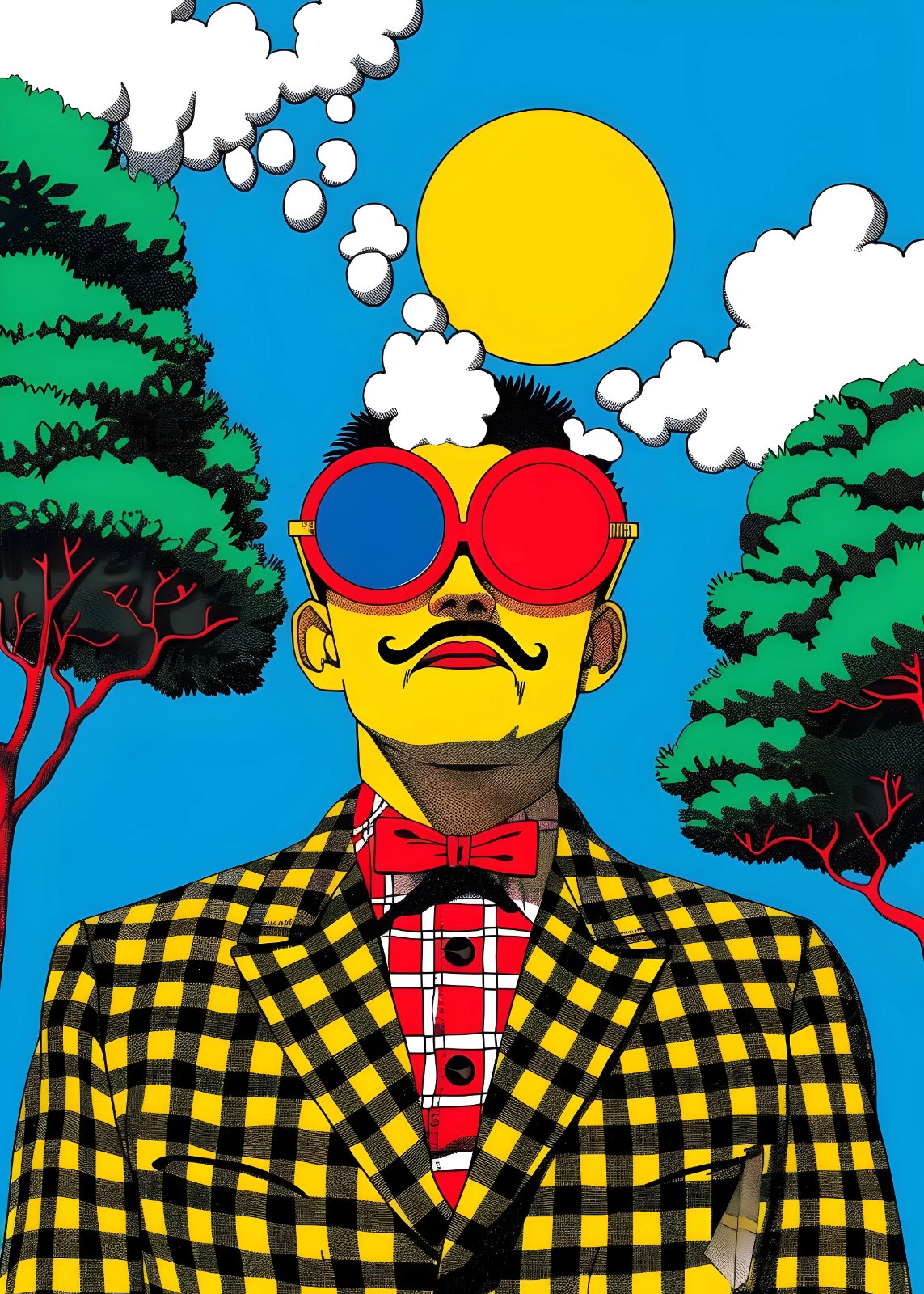 Stylized mustached figure wearing red round sunglasses, a yellow and black checkered suit, and a red bow tie beneath a yellow sun and white clouds.