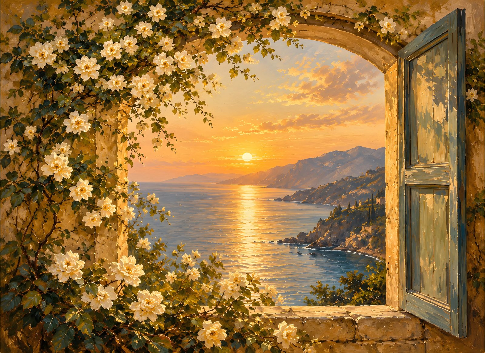 Open window ocean sunset poster with white flowers, blue shutters and sea view