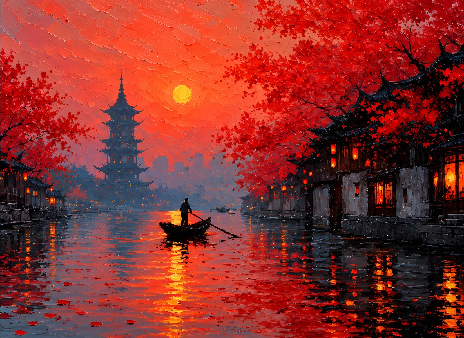 Red sunset China water town poster with pagoda and boat