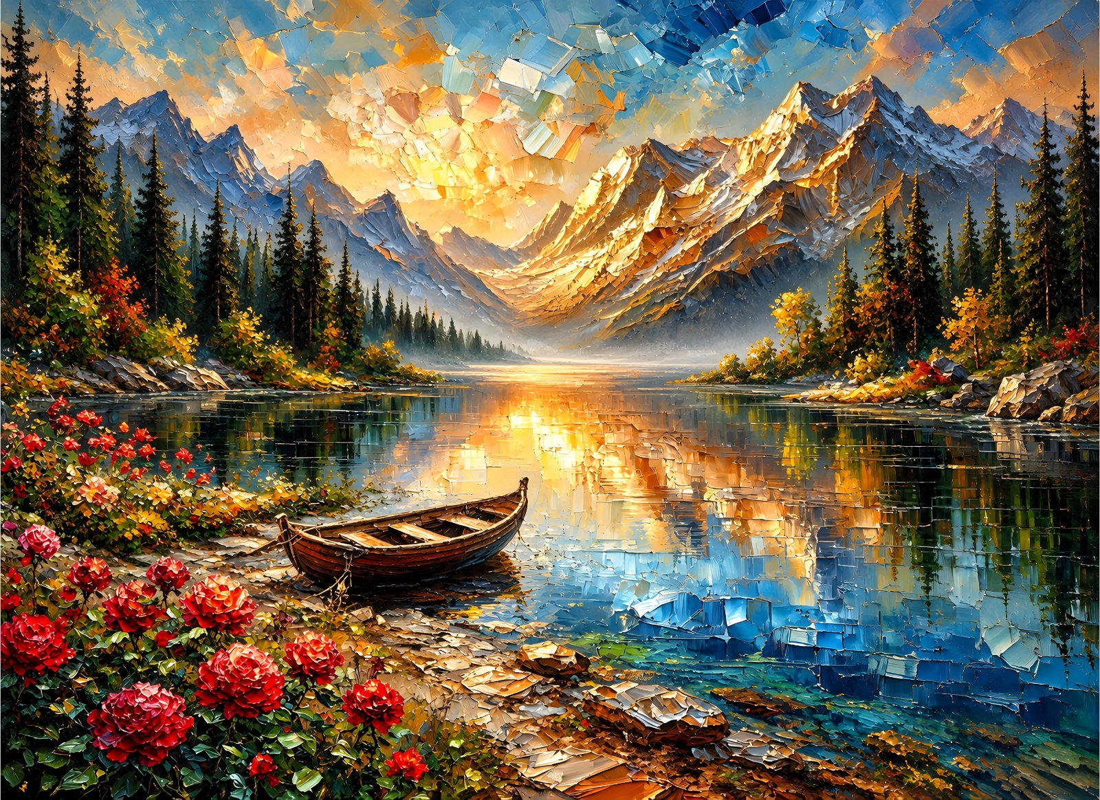 Mountain lake sunrise poster with wooden boat and roses