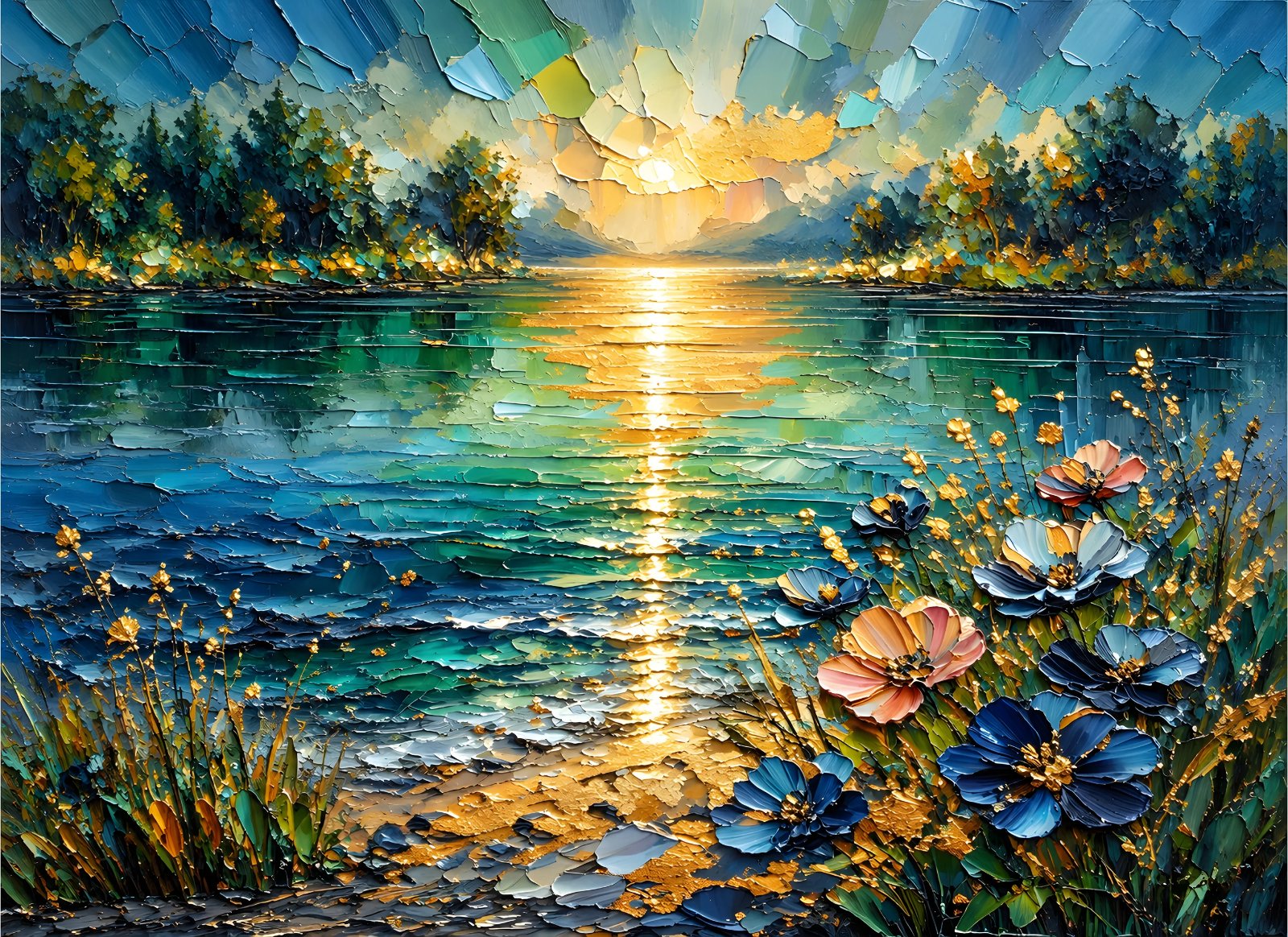 Blue lake sunset wildflowers poster with golden reflections