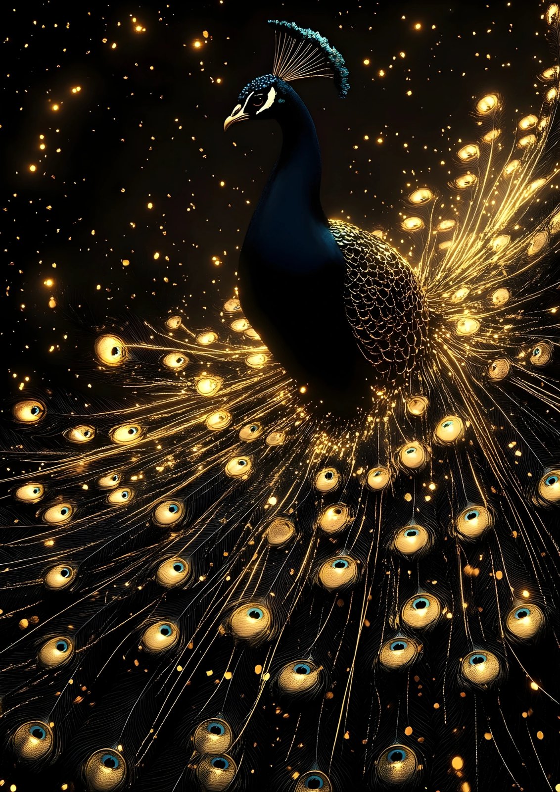 Golden Peacock Wall Art Canvas - Majestic Peacock with Glowing Gold Feathers on Dark Background canvas print