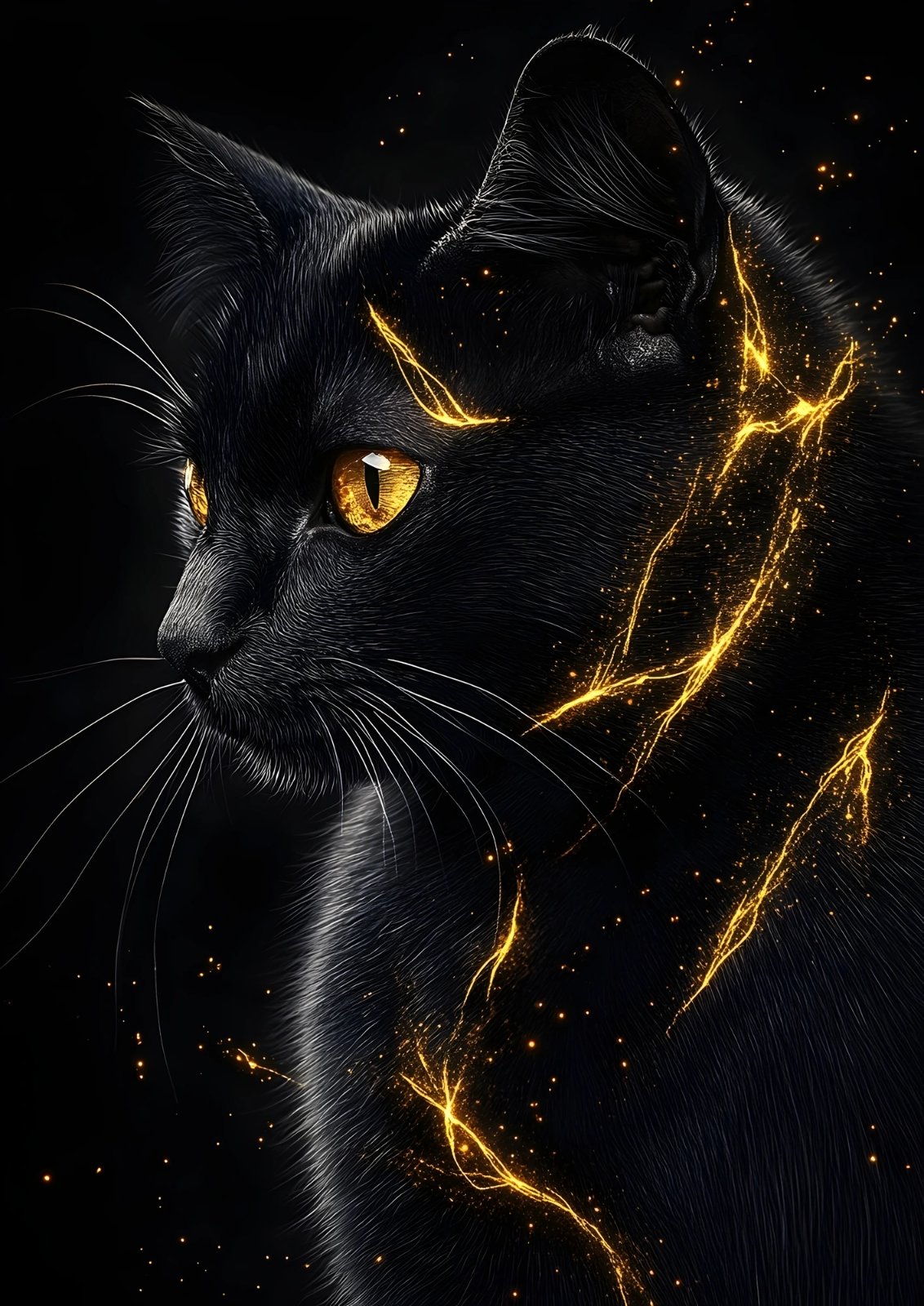 Black Cat Canvas Wall Art – Profile View with Golden Sparks & Glowing Yellow Eyes canvas print