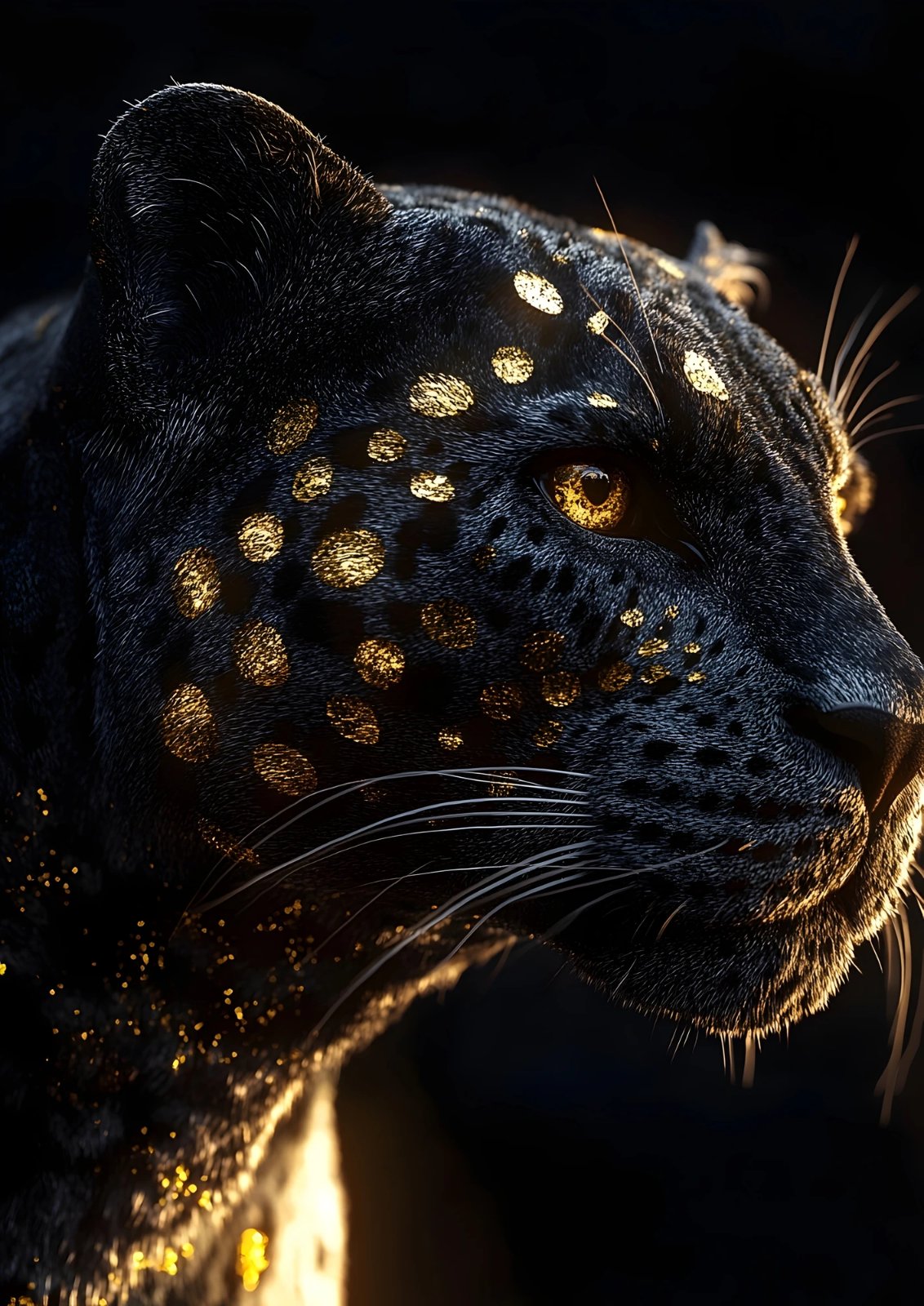 Black Panther Wall Art – Close-Up Feline Profile with Gold Rosettes & Amber Eye Canvas Print