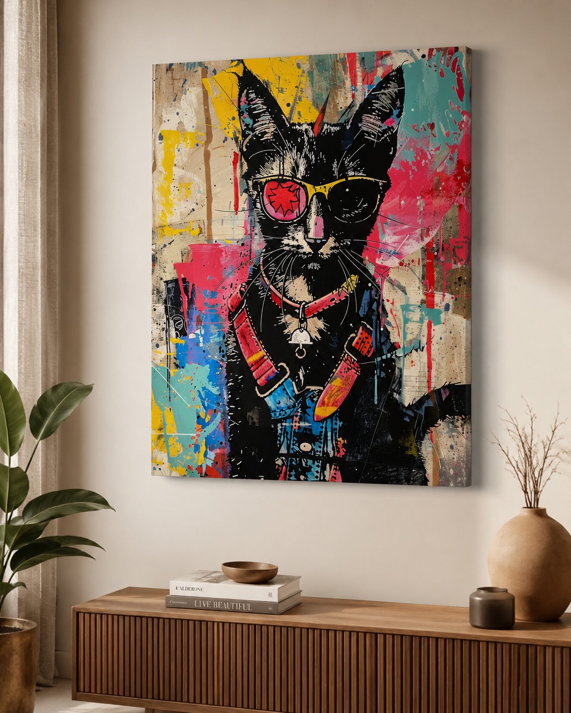 Punk Rock Black Cat Canvas Wall Art - Street Art Style Graffiti Poster canvas print — graffiti cat