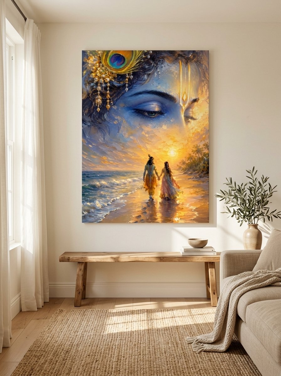 Radha Krishna Beach Sunset Canvas Wall Art for Living Room | Buy Online India