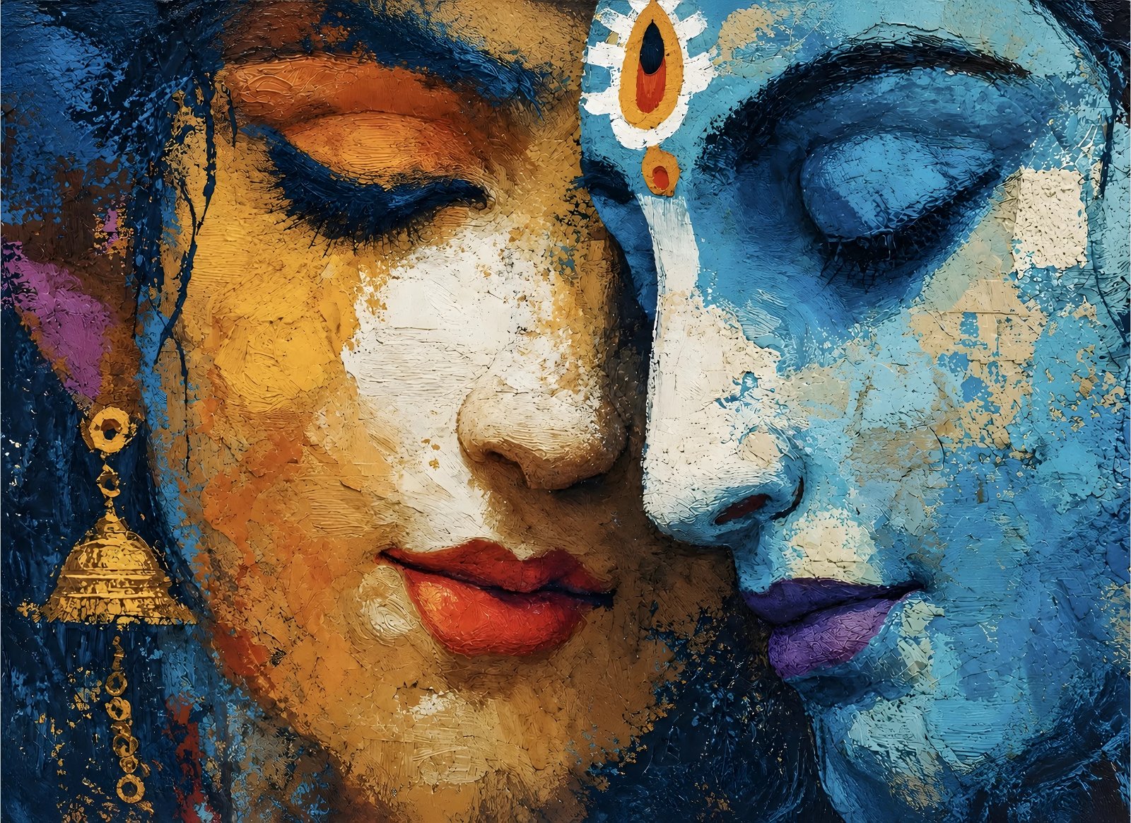 Radha Krishna faces close-up impasto canvas wall art in blue gold and warm tones