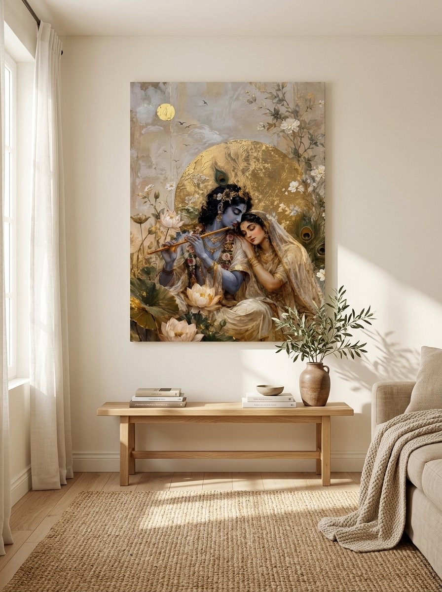 Radha and Krishna under a golden moon with lotuses — canvas wall art