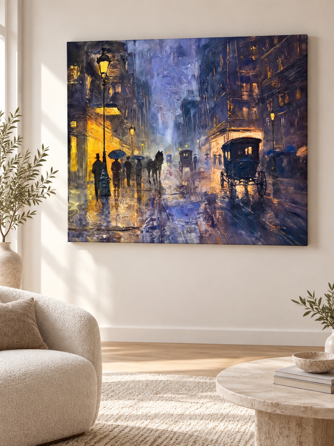 Moody vintage canvas art of horse carriages on a rainy night street
