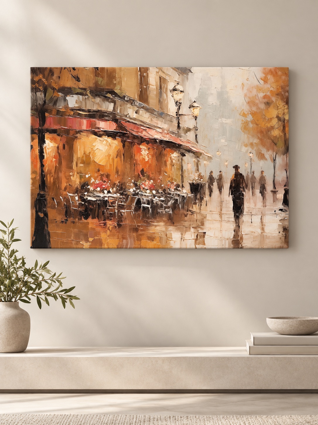 Romantic Paris cafe canvas art glowing gold in the rain