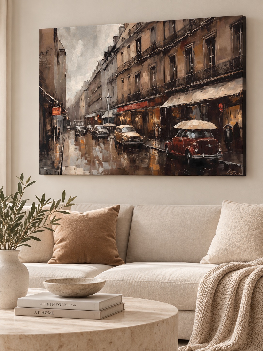 Atmospheric Paris canvas art of vintage cars on a rainy street