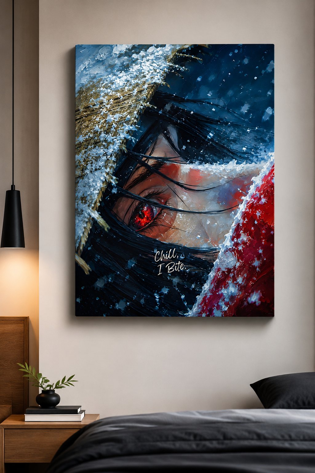 ramatic Anime Warrior Wall Art – "Chill, I Bite" Snow Blizzard Fantasy Canvas Print canvas print — anime-inspired wall decor