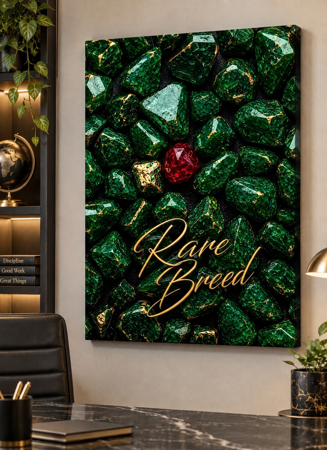 "Rare Breed" Luxury Emerald Green Crystal Wall Art – Ruby Red Gemstone Canvas Print, Modern Gold Vein Geode Poster, Glam Home Decor canvas print — rare breed wall decor
