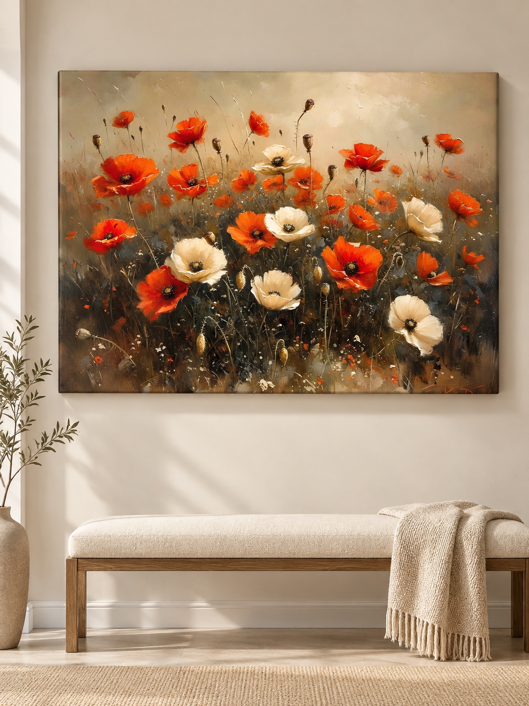 Bold canvas art of red and white poppies in a windswept field