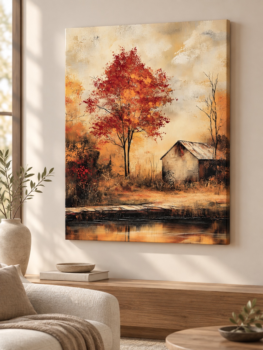 Red Autumn Tree Lakeside Barn Canvas Wall Art