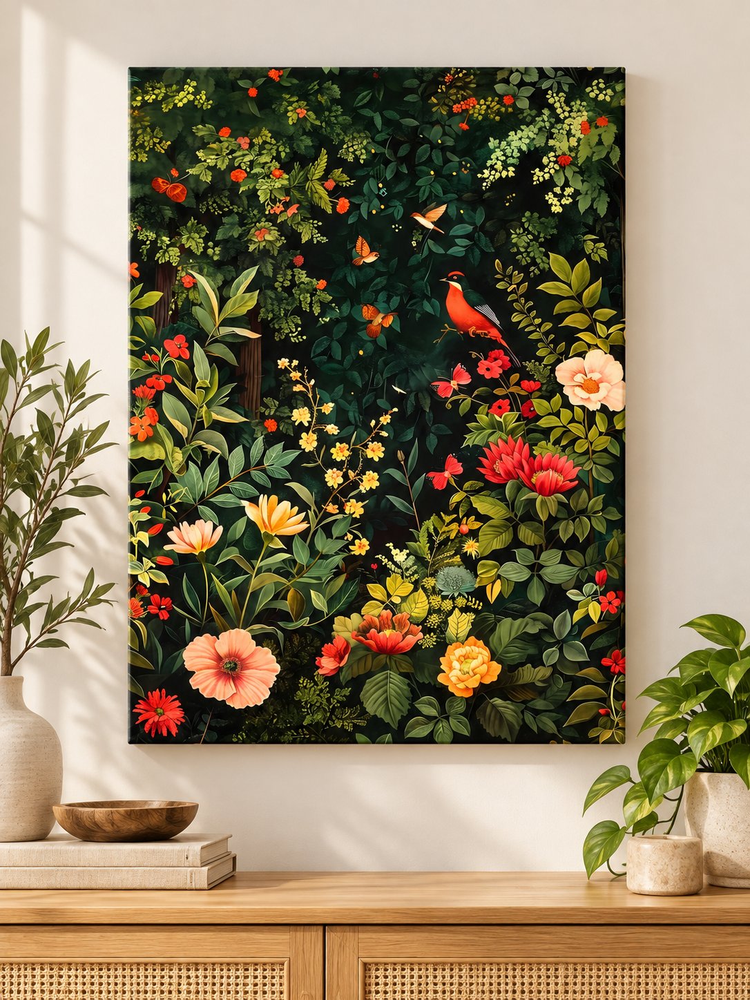 Red Bird in Enchanted Garden Canvas Wall Art