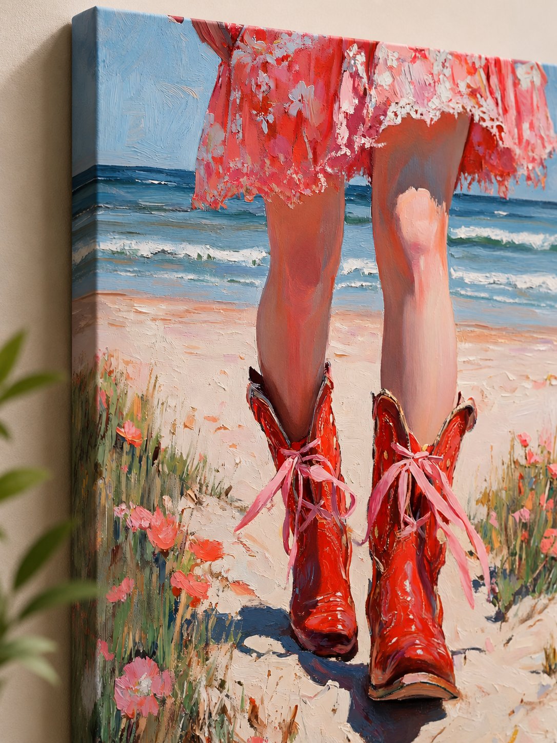 Red Cowboy Boots on Beach Canvas Wall Art - Coastal Coquette Aesthetic Impressionist Oil Painting Print canvas print — cowgirl boots art
