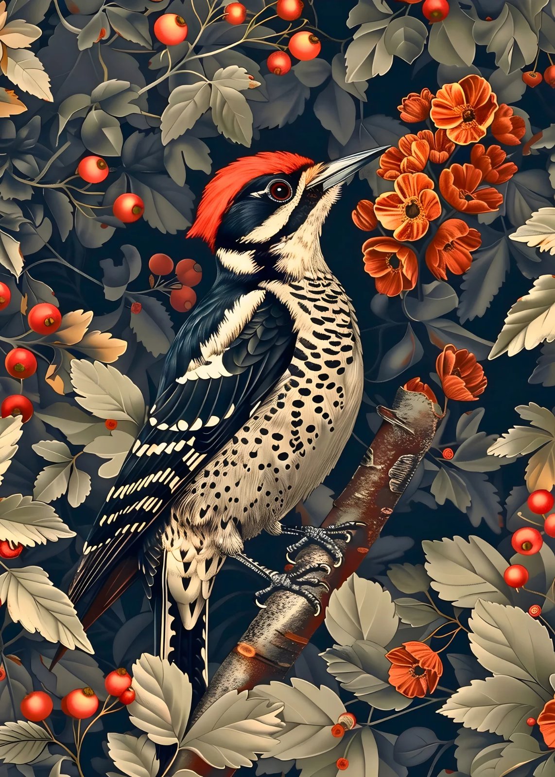 Red-crested woodpecker among orange-red flowers and berries on dark teal — poster