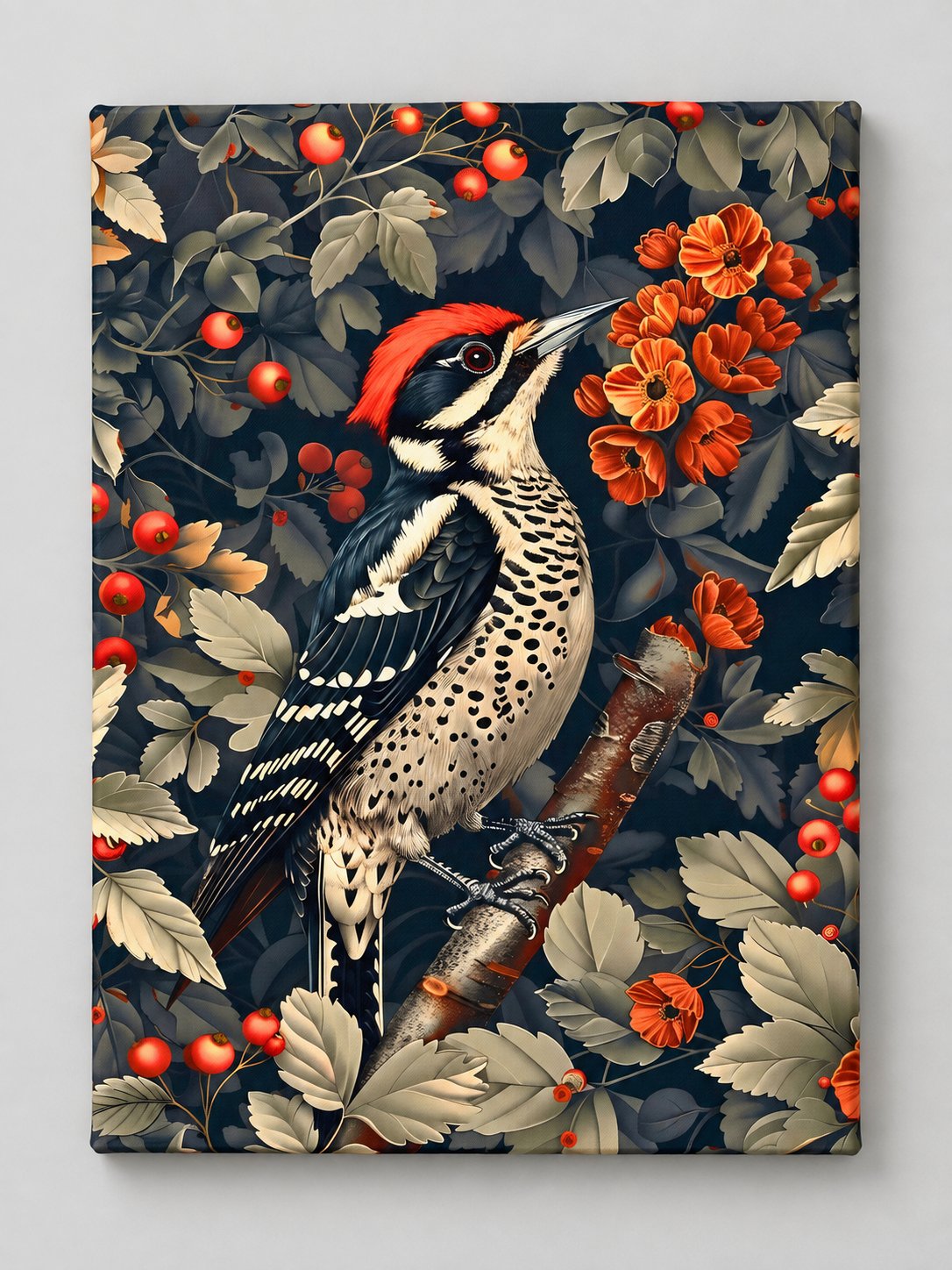 Red-crested woodpecker among orange-red flowers and berries on dark teal — canvas wall art