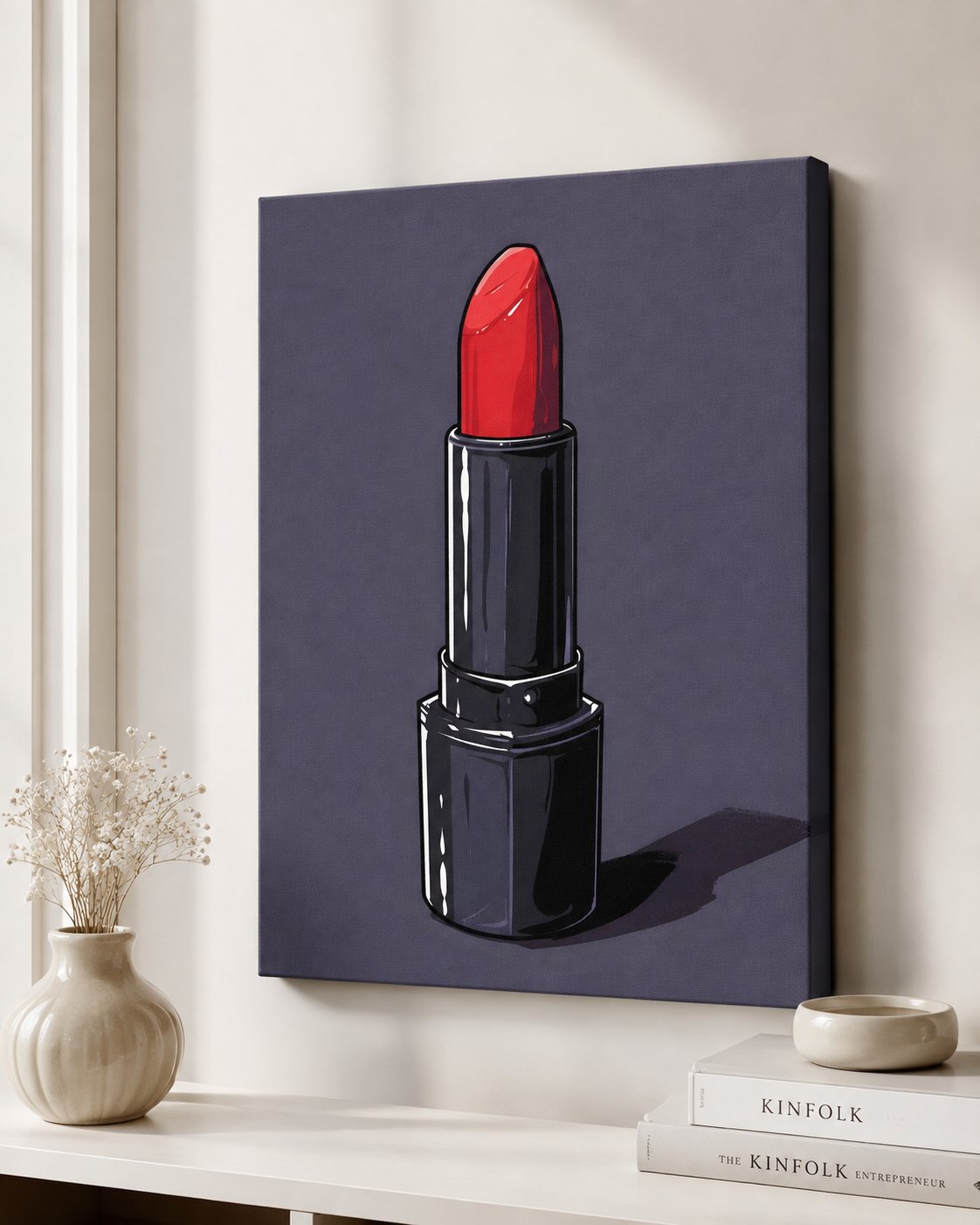 Red Lipstick Pop Art Wall Canvas - Modern Makeup Illustration Print for Beauty Room & Dressing Decor canvas print — lipstick decor