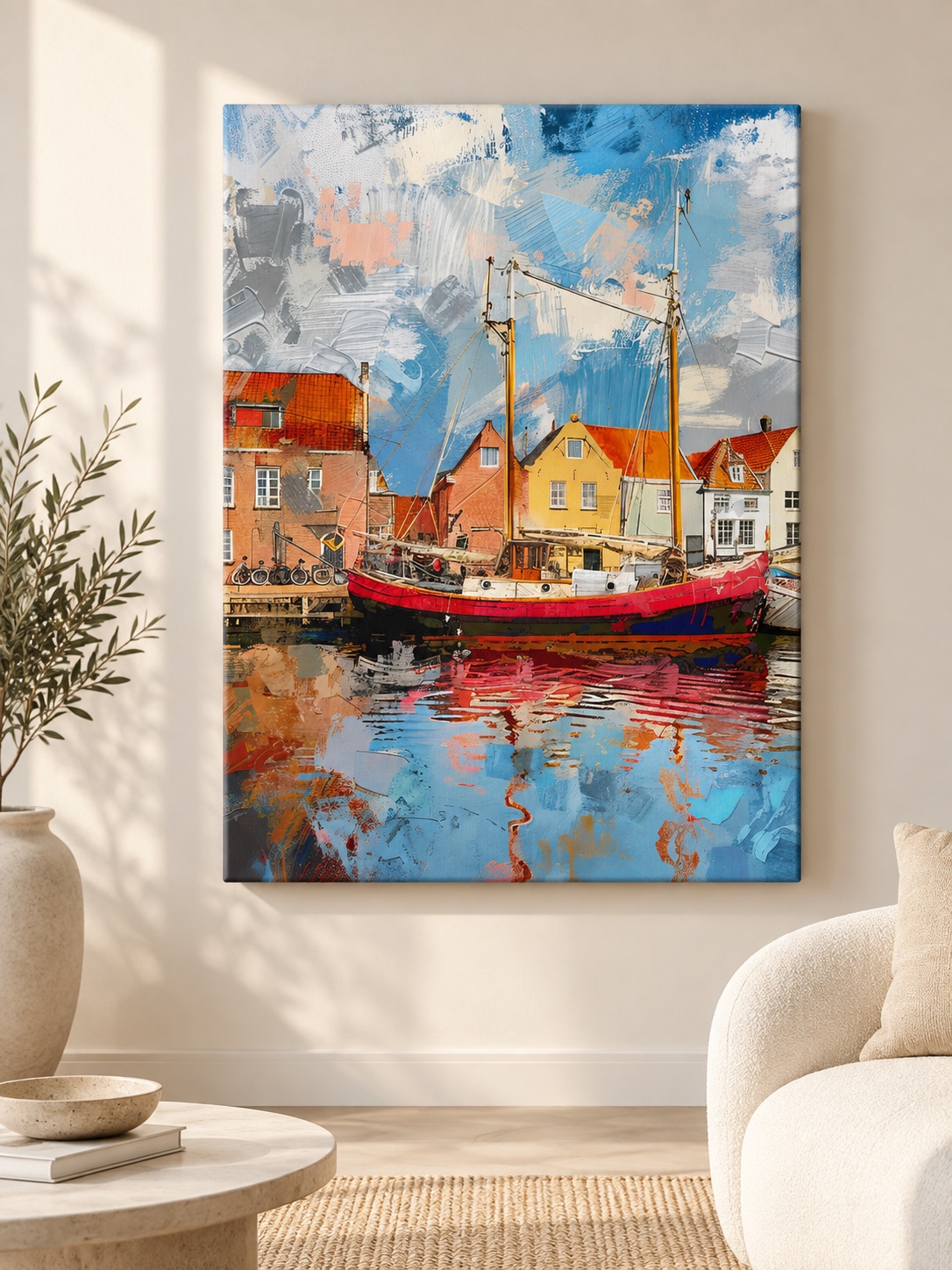 Vibrant harbor canvas art with a bold red sailboat