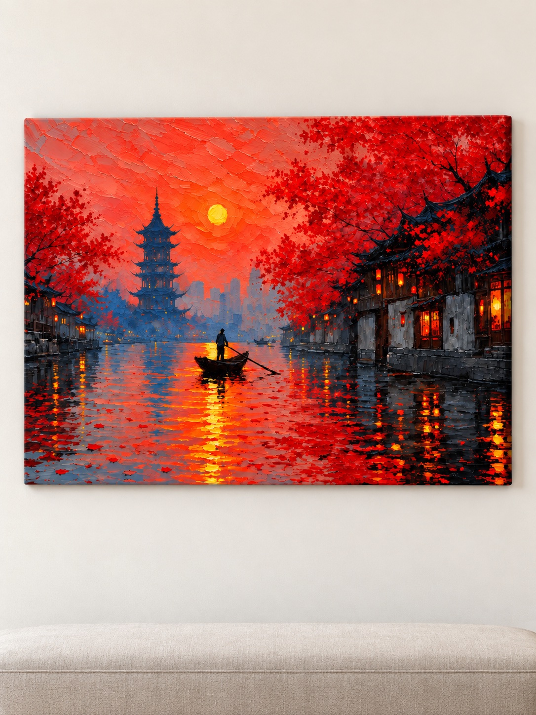 Red sunset China water town canvas wall art with pagoda and boat