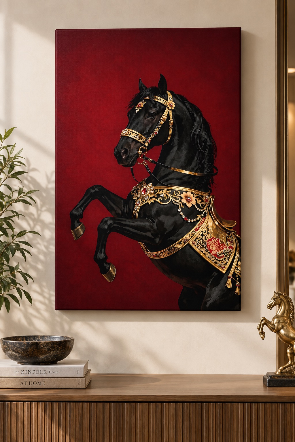 Rearing black horse wearing ornate gold and red decorative equestrian tack against a deep burgundy-red background.