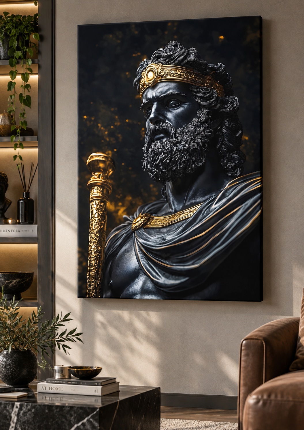 Regal Greek God Black & Gold Statue Wall Art – Classical Mythology Sculpture Canvas Print & Framed Poster canvas print — regal warrior