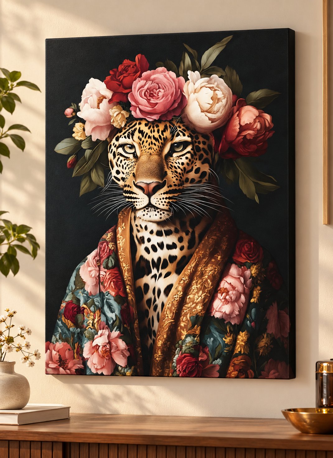 Front-facing spotted leopard wearing an ornate floral garment and surrounded by large pink, cream and red flowers against a dark background.