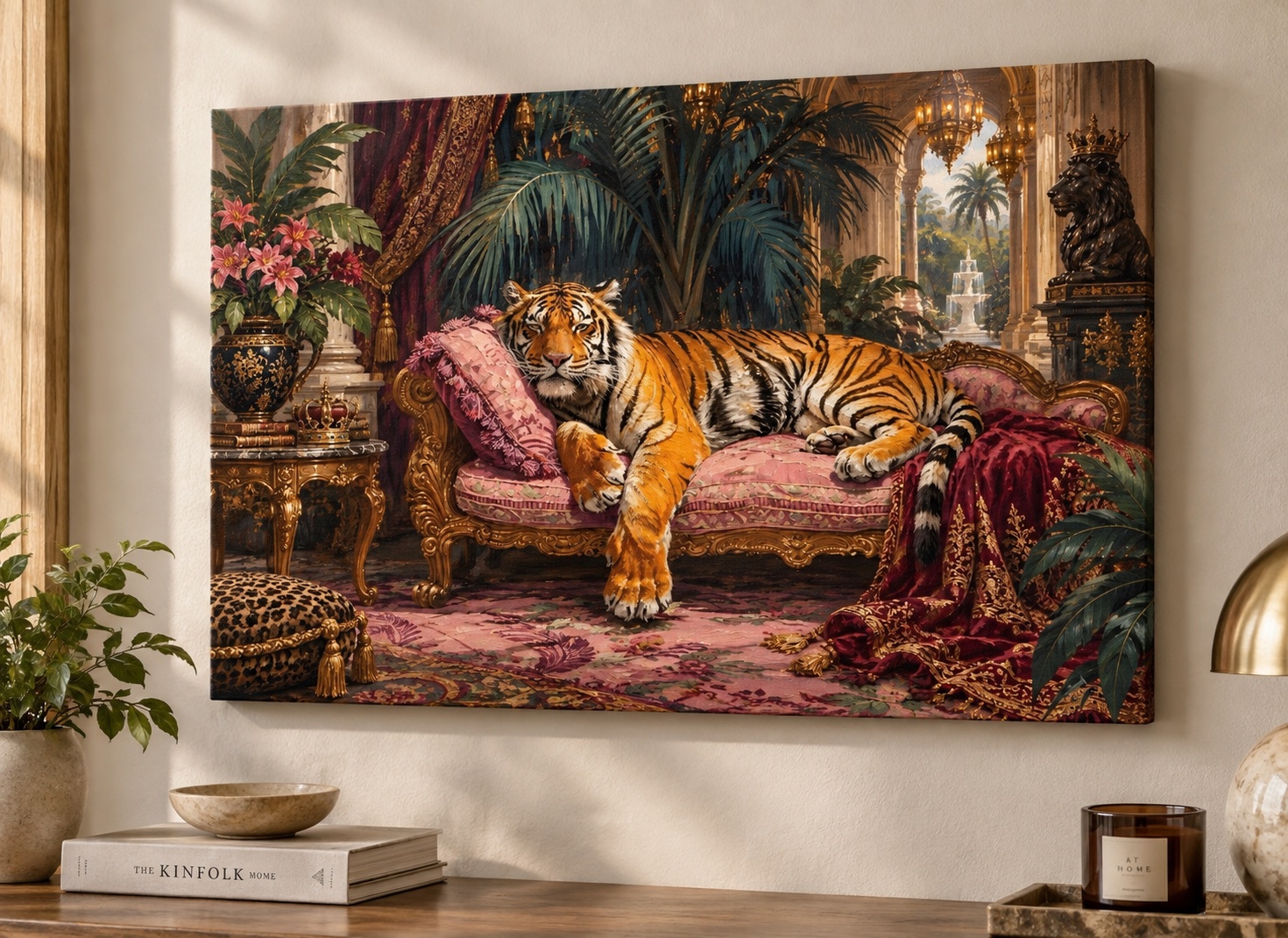 Orange-and-black tiger reclining on an ornate pink chaise amid palm leaves, burgundy drapes, gold décor, flowers, hanging lanterns, and an arched interior.