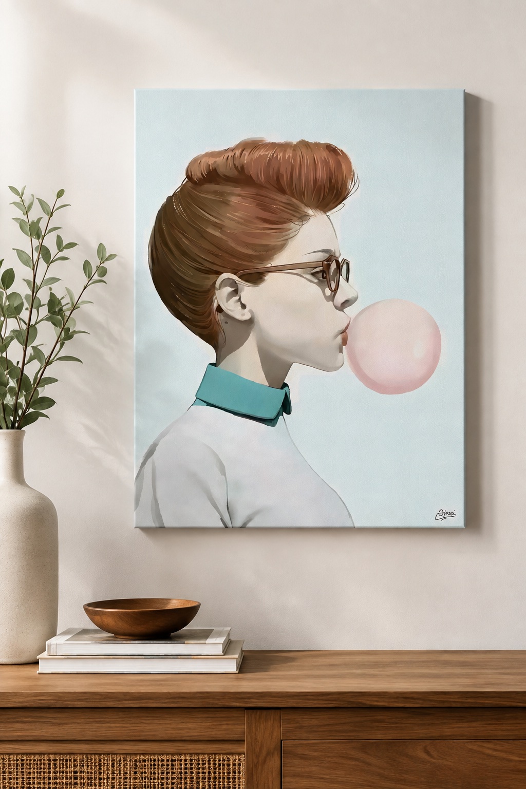 Retro Chic Woman with Bubblegum Wall Art | Modern Pop Art Canvas Print canvas print — bubblegum girl illustration