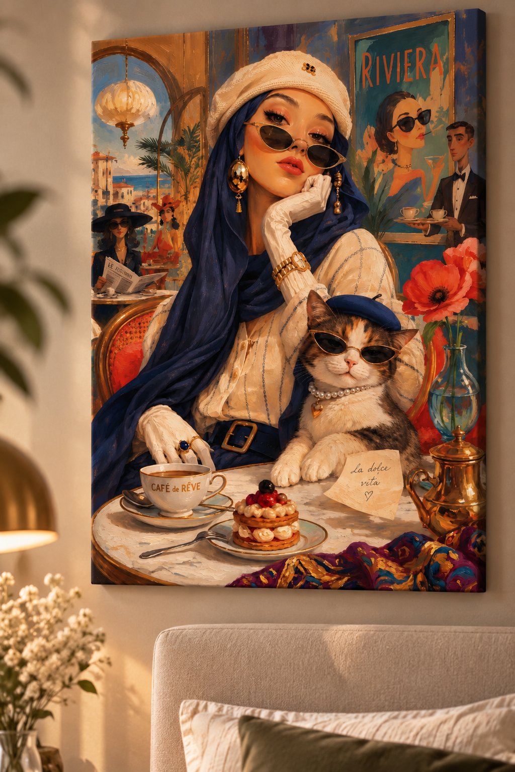 Retro French Riviera Canvas Print – Vintage Cafe de Rêve Wall Art with Stylish Woman and Cat canvas print — parisian café decor