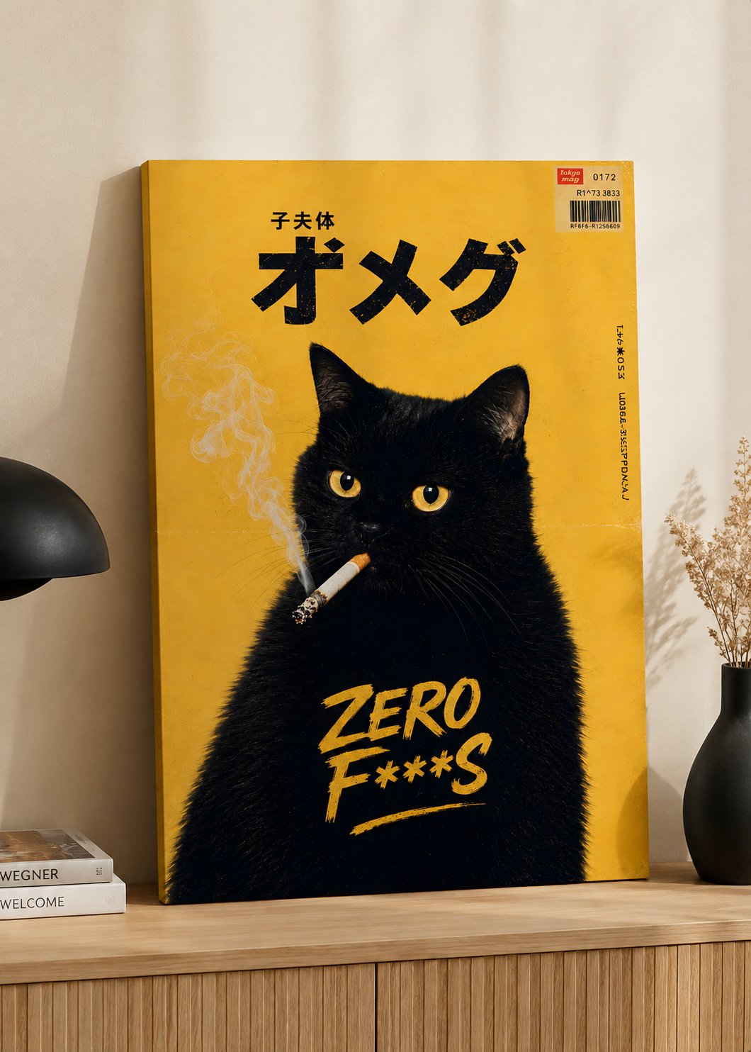 Retro Japanese Black Cat Wall Art - Edgy Anime Style Smoking Cat Canvas Print, Bad Boy Cat Poster, Yellow Aesthetic Vintage Magazine Cover Art canvas print — smoking cat poster