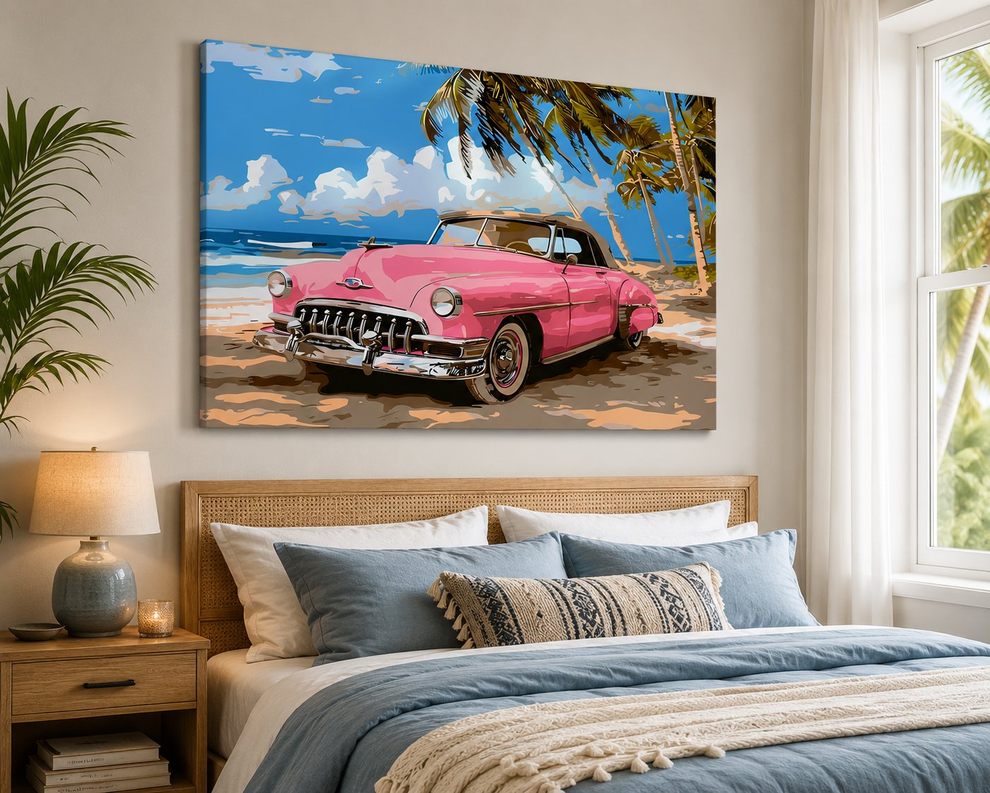 Retro Pink Vintage Car Beach Wall Art - Tropical Palm Trees & Coastal Art Print Poster canvas print — retro automobile print