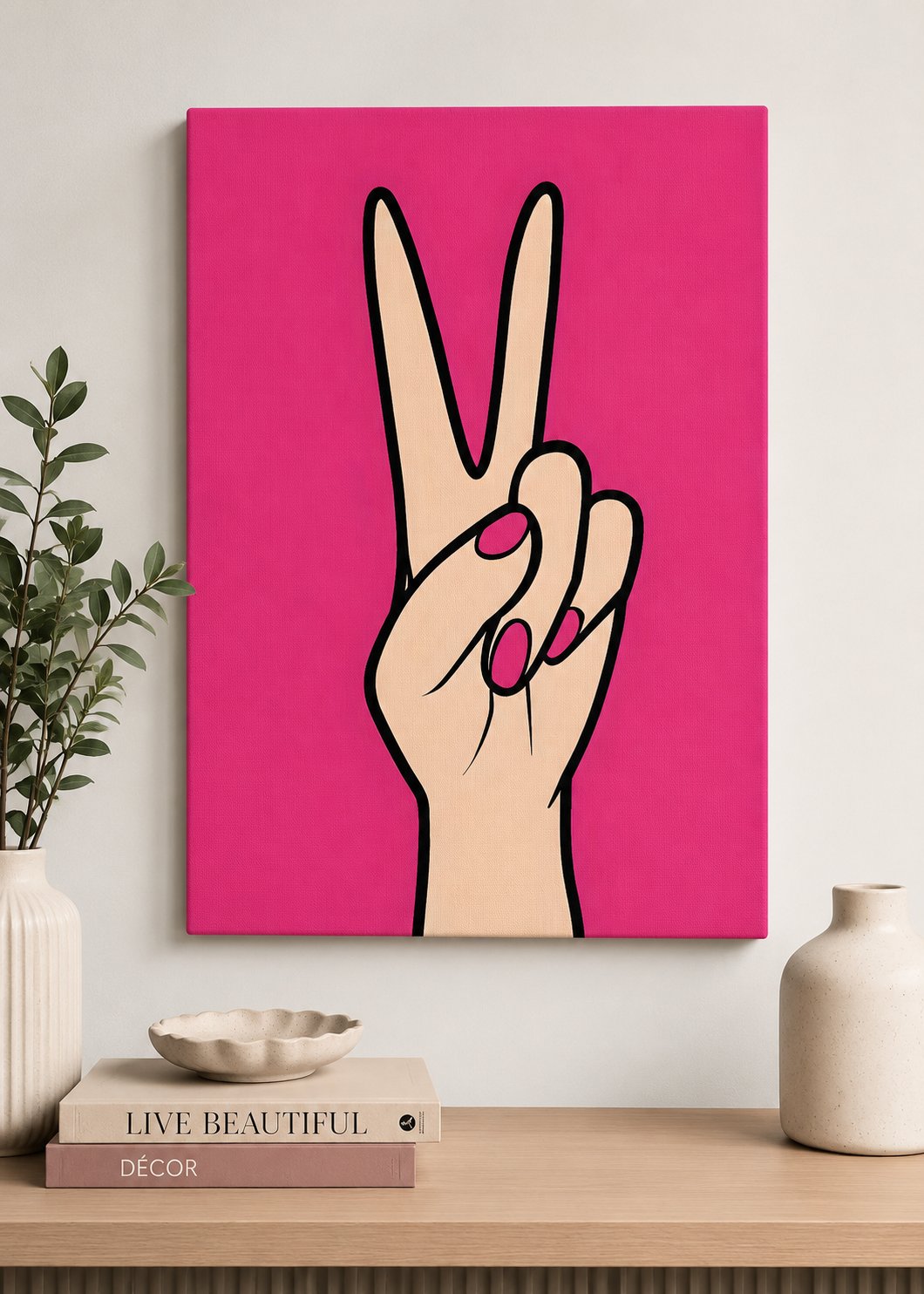 Retro Pop Art Peace Sign Wall Art | Vibrant Pink Hand Gesture Canvas Print | Modern Girly Preppy Room Decor canvas print — peace sign canvas