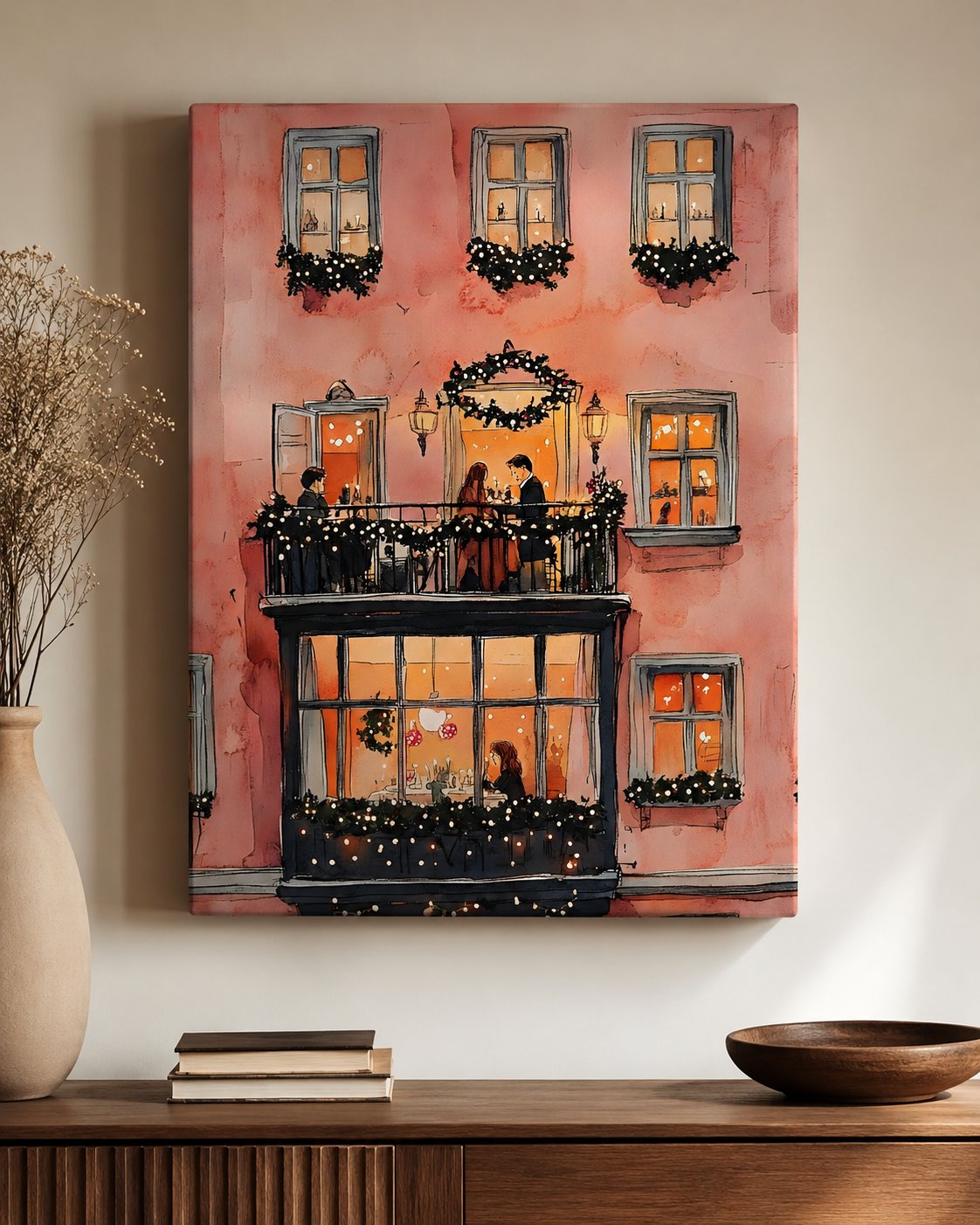 Romantic Balcony Dinner Watercolor Wall Art | Cozy European City Apartment Print | Festive Holiday Home Decor canvas print — romantic balcony print