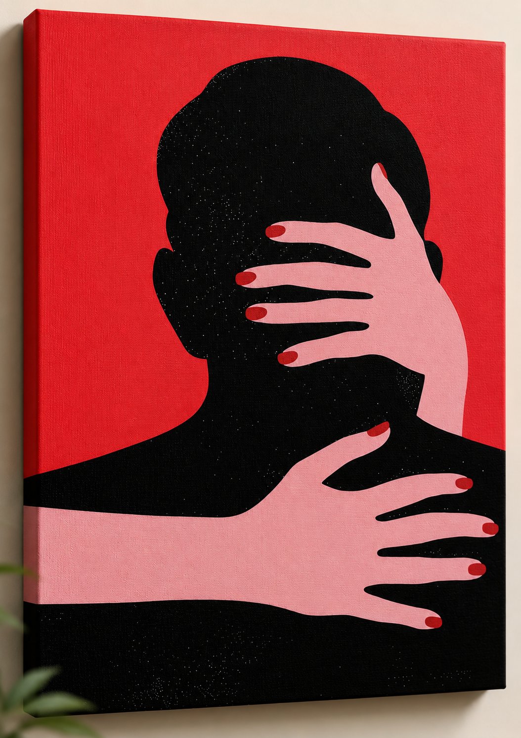 Romantic Couple Wall Art Print - Minimalist Hugging Silhouette Poster, Modern Red and Black Bedroom Decor, Intimate Love Fine Art, Passionate Embrace Illustration canvas print — figurative decor