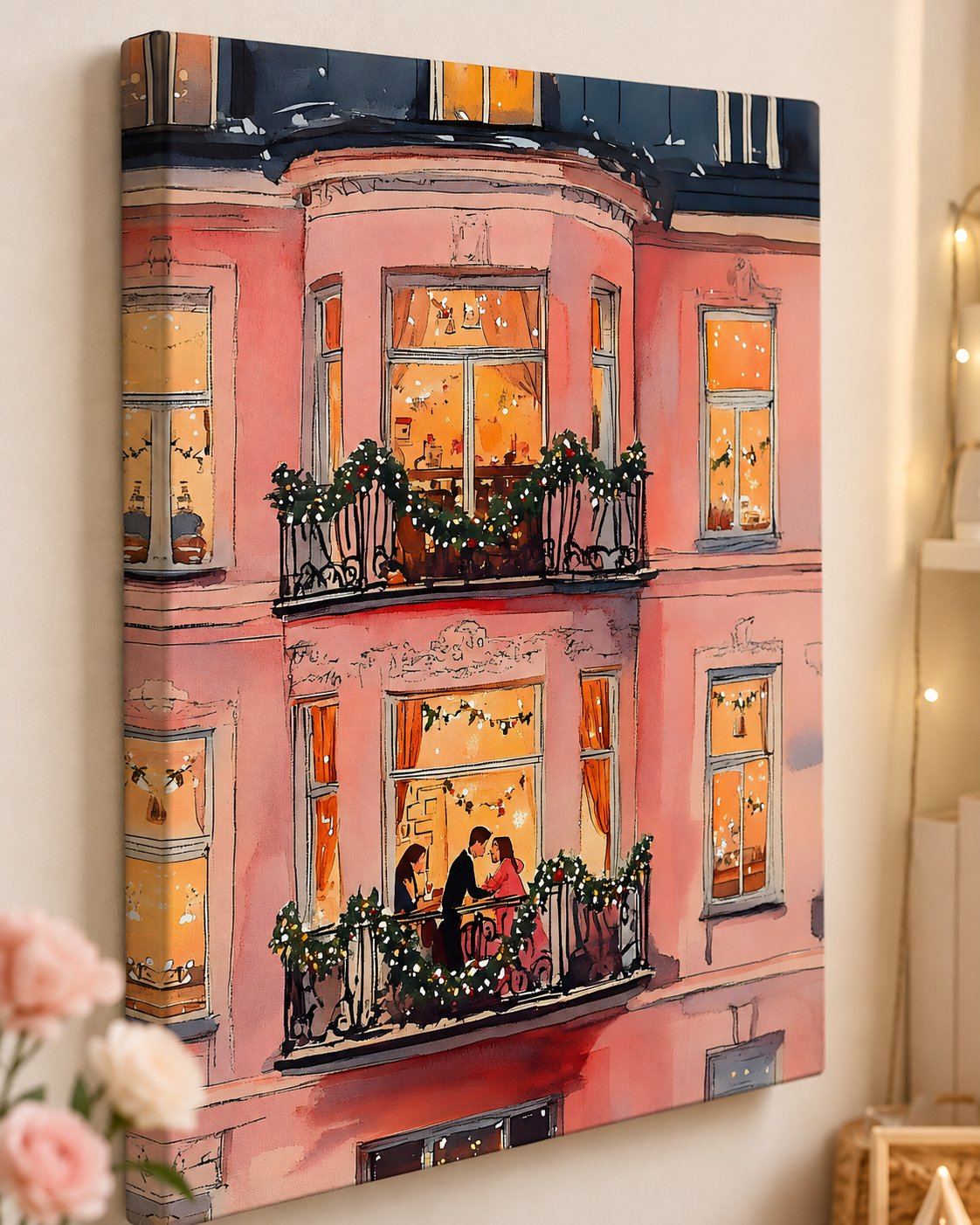 Romantic Paris Apartment Wall Art, Cozy Winter Balcony Art Print, Whimsical Couple Illustration, Festive Christmas Home Decor, Pink Building Watercolor Print canvas print — romantic balcony scene