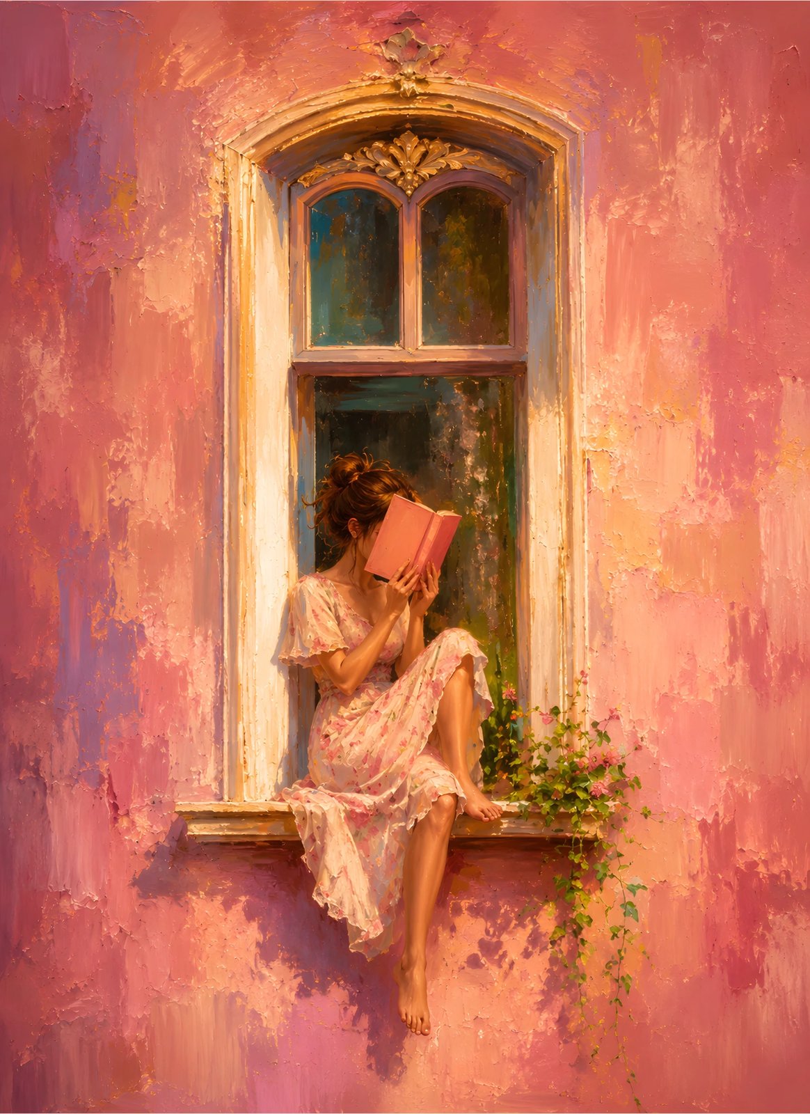 Romantic Pink Window Reading Woman – Impressionist Figurative Poster in Coral & Gold — Poster