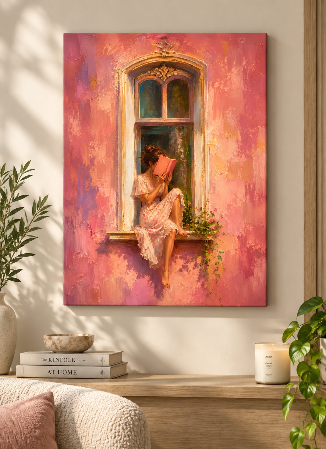 Woman in a floral dress sitting on an ornate window ledge reading a pink book, surrounded by coral pink walls, golden details, and green vines.