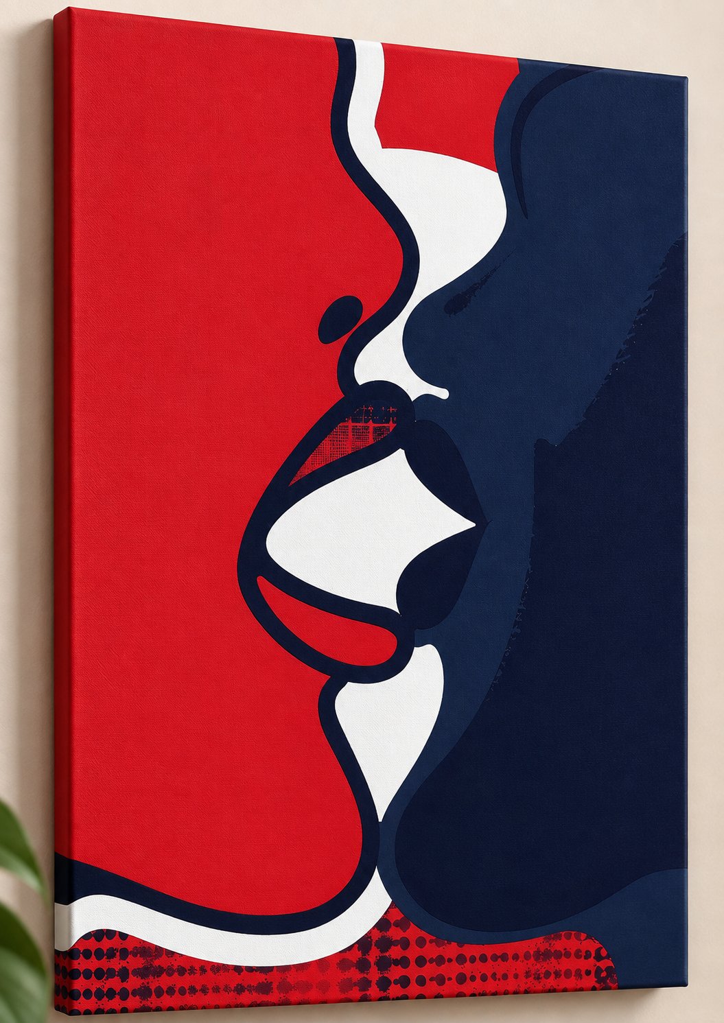Romantic Pop Art Wall Decor - Modern Intimate Kiss Canvas Print - Bold Red & Navy Blue Abstract Minimalist Silhouette Face Art canvas print — romantic couple wall decor